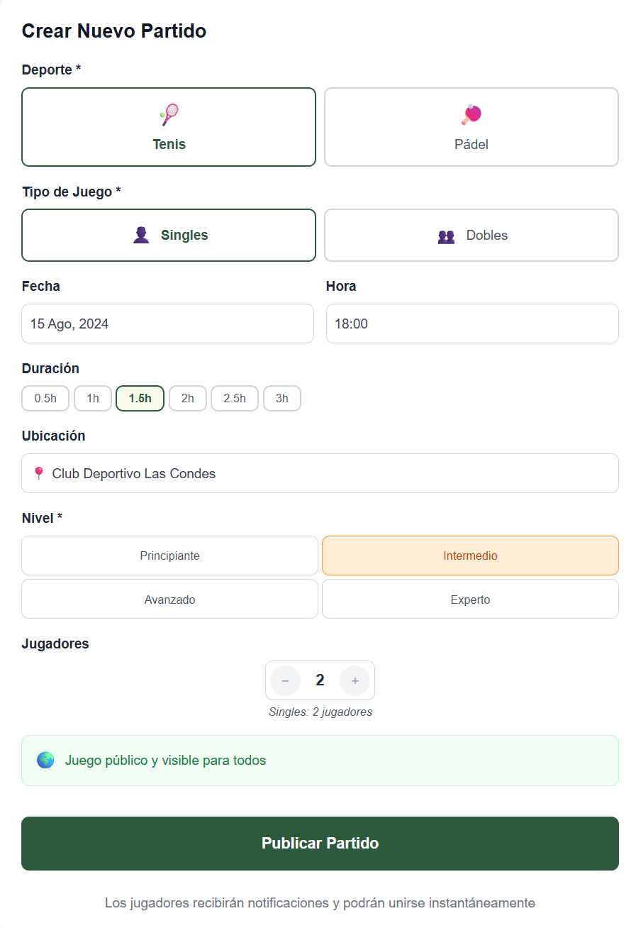 Crear Nuevo Partido - Paleteo App Interface